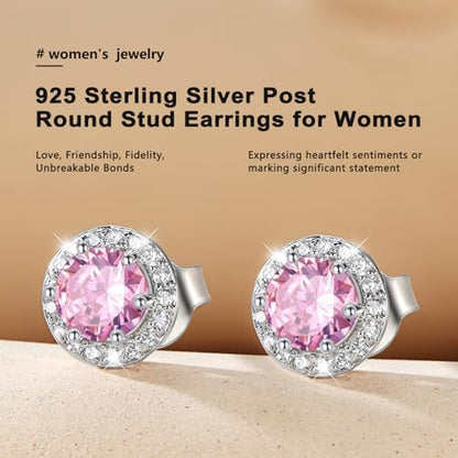Bestyle 8mm Small Birthstone Earrings for Women with Hypoallergenic Sterling Silver Post,Sparkle Heart/Round Womens Studs Earrings, Great Birthday/Christmas/Anniversary Jewelry for Wife Mother - color: 10. Oct. Pink Tourmaline-Round