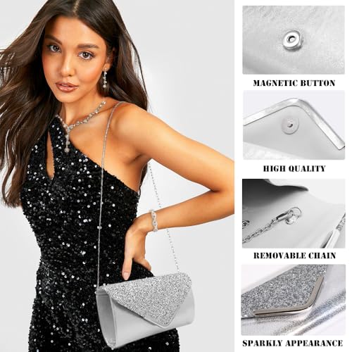 MEDOJO 10Pcs Silvery Rhinestone Jewelry Set for Women Bride Wedding Prom Jewelry Evening Rhinestone Sparkly Clutch Purse Bag Necklace Tennise Layered Bracelets CZ Ring Crystal Drop Earring Set Silvery Shiny Costume Kit - color: Silvery