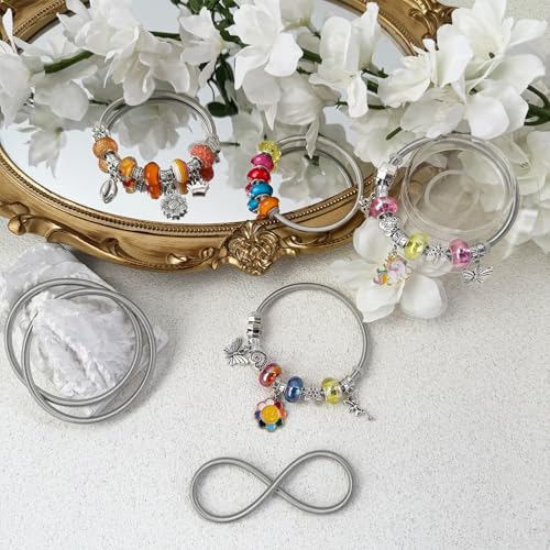 Exway 10 Pcs Expandable Charm Bangle Bracelets Sliver Charm Bracelets Adjustable Spring Bracelet Kit for Crafts DIY Women Jewelry Making - color: silver style C, size: 7.0in