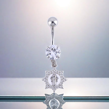 B BodyPJ Sparkles 14G Religious Belly Button Ring with Crystal Cross and Religious Charms, Stainless Steel - style: Type D,Silver