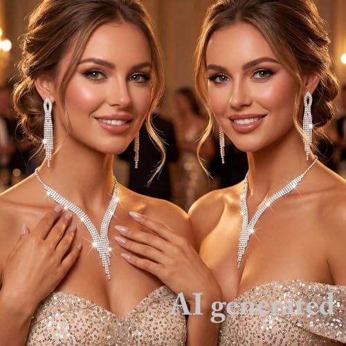 Sixexey Rhinestone Bridal Jewelry Set Silver Wedding Jewelry for Women | Sparkly Necklace Earrings Prom Party Jewelry Accessories for Women