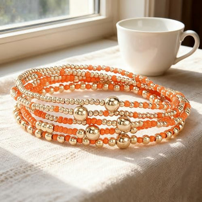 Gold Small Ball Seed Bead Stackable Bracelets Set For Women, Stretch Accessories Handmade Dainty, Daily Party Friendship Gift - color: Orange