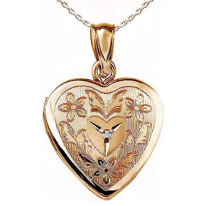 PicturesOnGold.com 14K Gold Filled Floral Heart Photo Locket with Diamond - 3/4 inch x 3/4 inch - Includes 18 inch Chain - style: Locket + 2 Photos + Engraving
