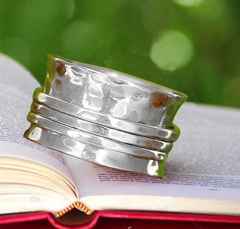 Spinner Ring Silver For Women Girls, 925 Sterling Silver Spinner, Spin, Three Tone Fidget Band, Classic Hammered Meditaion, Christmas Size us