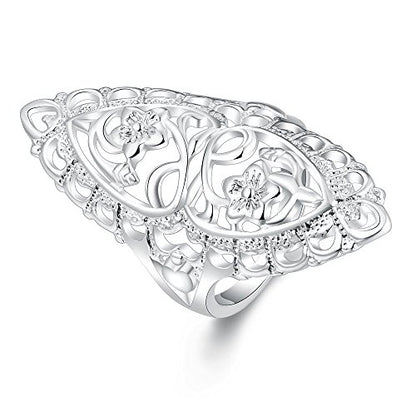Rings for Women Summer Boho Rings Filigree Flower Ring Chunky Gold Ring Full Finger Rings Wide Band Womens Rings for Cocktail Party Birthday Gifts Statement Rings for Women - color: Silver