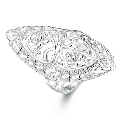 Rings for Women Summer Boho Rings Filigree Flower Ring Chunky Gold Ring Full Finger Rings Wide Band Womens Rings for Cocktail Party Birthday Gifts Statement Rings for Women - color: Silver