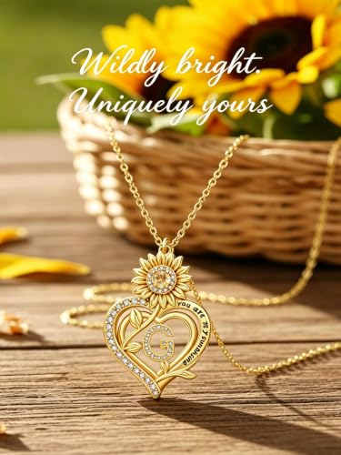 14K Gold Sunflower Initial Necklaces for Women | Heart Letter Pendant You Are My Sunshine Jewelry Gifts - style: G