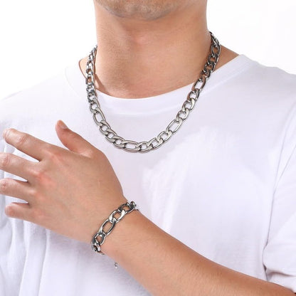Kemstone Stainless Steel Figaro Cuban Bracelet Necklace Set for Men Women Jewelry - color: Gold 11
