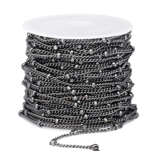 33FT 2mm Gunmetal Black Satellite Curb Chains Roll Bulk for Jewelry Making | 304 Stainless Steel Ball Beaded Twisted Link Satellite Chain Spool for DIY Craft - color: Black Small Beads Satellite Curb Chain