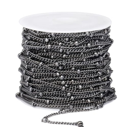 33FT 2mm Gunmetal Black Satellite Curb Chains Roll Bulk for Jewelry Making | 304 Stainless Steel Ball Beaded Twisted Link Satellite Chain Spool for DIY Craft - color: Black Small Beads Satellite Curb Chain