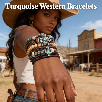 Western Outfits for Women Turquoise Western Bracelets Bohemian Vintage Stackable Beaded Leather Bracelets Adjustable Hand-woven Layered Bracelet Western Country Concert Jewelry for Women - style: Turquoise Cactus