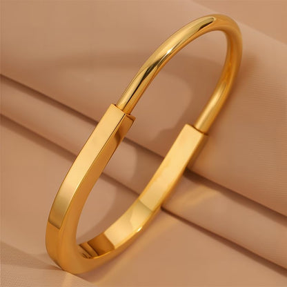 Gold Bracelet for Women Lock Inspired Design, Stainless Steel Open Cuff Bangle, Minimalist Statement Gift Jewelry