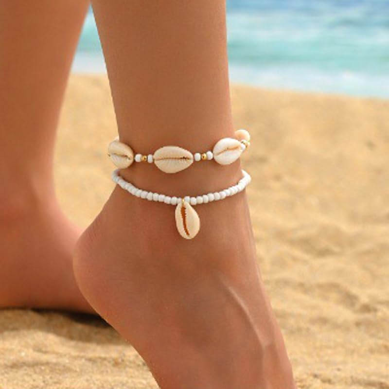 INENIMARTJ Puka Shell Anklets Bracelet for Women Colorful Shell Beaded Anklet Summer Ocean Hawaiian Beach Foot Jewelry Mermaid Seashell Anklets Jewelry for Women - color: white
