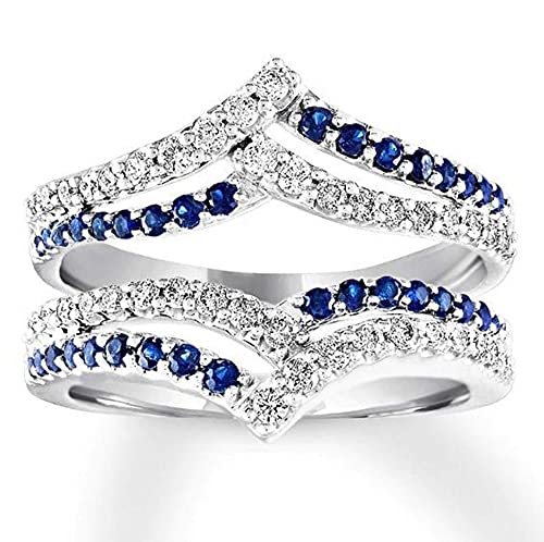 V Touch Round Cut Created Blue Sapphire & Diamond Solitaire Enhancer Guard Wrap Engagement Wedding Ring for Womens 925 Sterling Silver