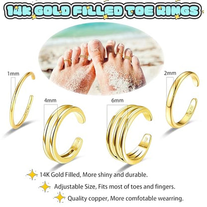 LOFITOR 4PCS Gold Toe Rings for Women Non Tarnish Waterproof Toe Ring Set | 14K Gold Filled Dainty Stackable Cute Thin Adjustable Open Band Toe Ring Cz Foot Jewelry For Beach Summer Hawaiian - style: Simple Style