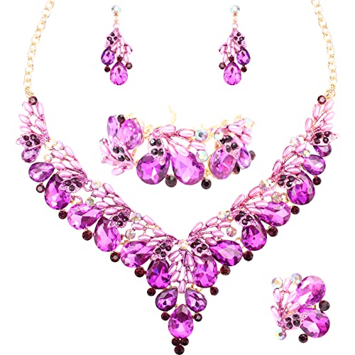 Jewelry Set for Women, Statement Necklace Dangle Earrings Bracelet Ring, White/KC Gold Plated Jewelry Set with Rhinestone Pearl Crystal Wedding Party Jewelry for Bridal Bridesmaid - color: Deep Purple-Gold Plated