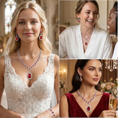 Silver Plated Necklace Earrings Bracelet Crystal Bridal Wedding Jewelry Sets for Wedding princess birthday party Halloween Prom Pageant Jewelry - color: 1-red