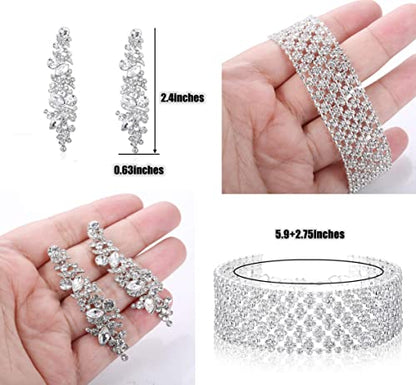 JOERICA Bridal Wedding Crystal Bracelet and Earrings Jewelry Set Rhinestone Dangle Earrings Adjustable Bracelet Bangle for Women Bridesmaid Jewelry Set