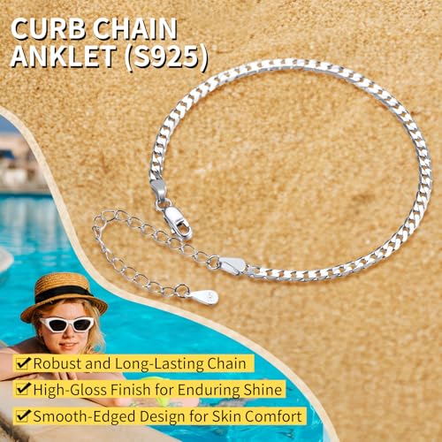 ChainsHouse Ankle Bracelets for Women, Stainless Steel Beaded Chain Ankle Bracelet, Womens Heart Anklets for Summer Beach Jewelry Gifts - color: A: cuban-3mm-sterling silver