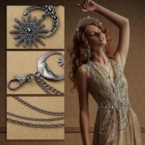 Glenmal 4 Pieces Celestial Jewelry Moon Stars Crown Necklaces and Body Chain Headband Drop Earrings for Women - color: Black