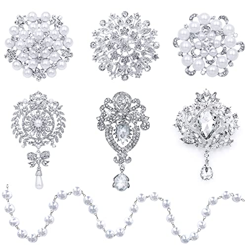 Rhinestone Brooches Crystal Brooch Pins, Pearl Crystal Wedding Bouquet kit Set - color: Silver-Classic Kit-6pcs