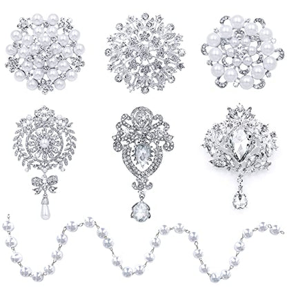 Rhinestone Brooches Crystal Brooch Pins, Pearl Crystal Wedding Bouquet kit Set - color: Silver-Classic Kit-6pcs