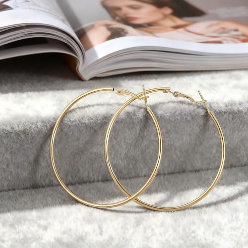 1 Pairs 60/70mm Silver 14K Gold Rose Gold Hoop Earrings for Women Hypoallergenic Stainless Steel Lightweight Big Hoops Shiny Dangle Earrings Trendy Jewelry Gifts - color: 60mm-Gold Hoop Earrings