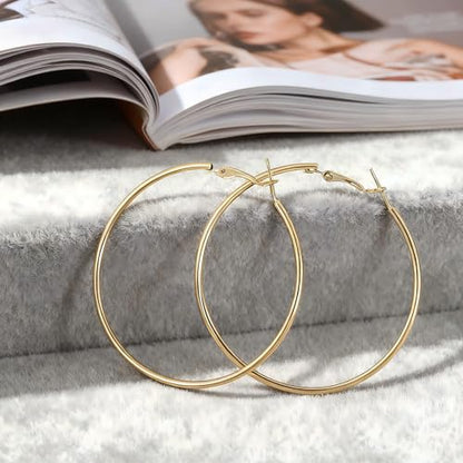 1 Pairs 60/70mm Silver 14K Gold Rose Gold Hoop Earrings for Women Hypoallergenic Stainless Steel Lightweight Big Hoops Shiny Dangle Earrings Trendy Jewelry Gifts - color: 70mm-Gold Hoop Earrings
