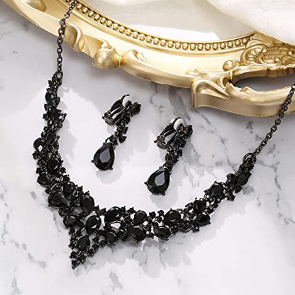 Wedding Statement Necklace Clip-on Earrings Jewelry Set | Sparkling Austrian Crystal Teardrop Cluster for Party Prom Accessories - color: 02-Black Black-Tone