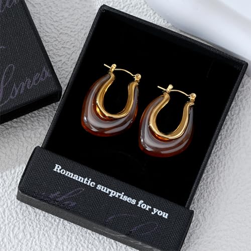 Enamel Hoop Earring for Women 18k Gold Plated Chunky Two-Tone U/C Shaped Earring Enamel Jewelry Gift for Wife Girlfriend - color: Brown 1
