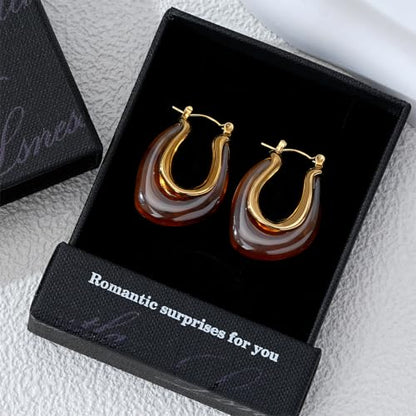 Enamel Hoop Earring for Women 18k Gold Plated Chunky Two-Tone U/C Shaped Earring Enamel Jewelry Gift for Wife Girlfriend - color: Brown 1