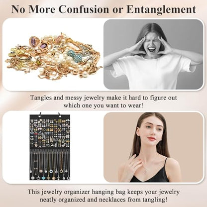 Caffox Hanging Jewelry Holder, Large Earrings Necklaces Organizer Storage for Earrings, Necklaces, Bracelets, Enamel Pins and Ankles, Jewelry Display Storage Hanger for Wall, Closet and Door
