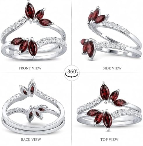 925 Sterling Silver 14K White Gold Plated Marquise Cut Simulated Red Garnet & Diamond Stackable Curved Row Wedding Band Wrap Engagement Enhancer Ring Guard For a Beloved Women