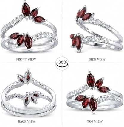 925 Sterling Silver 14K White Gold Plated Marquise Cut Simulated Red Garnet & Diamond Stackable Curved Row Wedding Band Wrap Engagement Enhancer Ring Guard For a Beloved Women