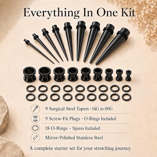 BodyJ4You 36PC Ear Stretching Kit - Complete Beginner Set 14G-00G | Gauges for Ears Stainless Steel Tapers Single Flare Plugs Tunnels - Dead Stretching Lobe Men Women Expander - color: Black, Screw Fit