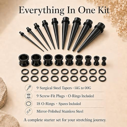 BodyJ4You 36PC Ear Stretching Kit - Complete Beginner Set 14G-00G | Gauges for Ears Stainless Steel Tapers Single Flare Plugs Tunnels - Dead Stretching Lobe Men Women Expander - color: Black, Screw Fit