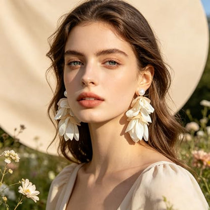 Handmade Bohemian Lightweight Fabric Flower Dangle Drop Earrings Chic Pearl Large Tassel Petal Stud Earrings For Women - color: Milky White