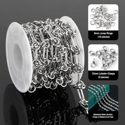 UMAOKANG Stainless Steel Chain for Jewelry Making Buckles Link Chains | 2 Meters Paperclip Chain on Spool Jewelry Making Chains DIY Supplies Findings - color: Knot (Steel)