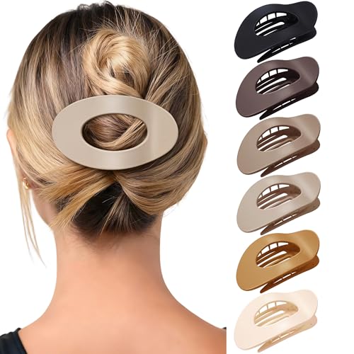 Mesovor 6 Pack Flat Hair Claw Clips, 4.33" Nonslip Round Lay Hair Clips | Strong Hold French Large Flat Hairclips for Lying Down, Yoga, Driving (Neutral Matte) - color: Neutral Matte