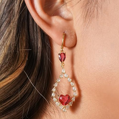 18K Gold Plated Flower Dangle Earrings for Women, Hypoallergenic Cubic Zirconia Earrings, Elegant CZ Drop Earrings, Statement Jewelry Gifts Party Fashion - style: OBS7508-Red