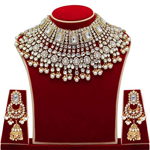 Aheli Traditional Wedding Indian Bharatanatyam jewellery set Long Choker Necklace Earrings Maang Tikka Nath Paasa Hath Phool for Women - color: White-1