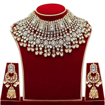 Aheli Traditional Wedding Indian Bharatanatyam jewellery set Long Choker Necklace Earrings Maang Tikka Nath Paasa Hath Phool for Women - color: White-1