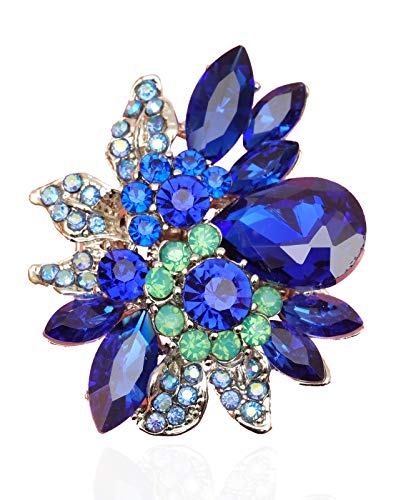 CSY Luxury Froral Cocktail Statement Rings Stretch Adjustable Ring | Gorgeous Women's Austrian Crystal Leaves Flower Big Cocktail Statement Rings Stretch Adjustable Ring Jewelry Accessories - color: 01 royal blue