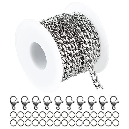 16.4 Feet Stainless Steel Curb Chains 5mm Silver Twisted Links Necklace Chain Bulk Spool with Open Jump Rings Lobster Clasps for Women DLY Bracelet Jewelry Making - color: Twist_7.5x5mm