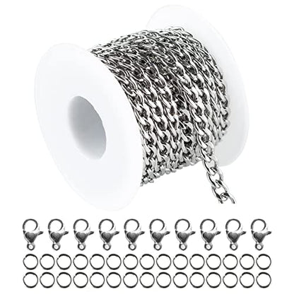 16.4 Feet Stainless Steel Curb Chains 5mm Silver Twisted Links Necklace Chain Bulk Spool with Open Jump Rings Lobster Clasps for Women DLY Bracelet Jewelry Making - color: Twist_7.5x5mm
