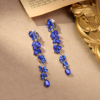 Crysdue Clip On Earrings for Women Rhinestone Crystal Teardrop Cluster Wedding Bridal Non Pierced Long Dangle Earring for Prom Party - color: Navy Blue Silver-Tone