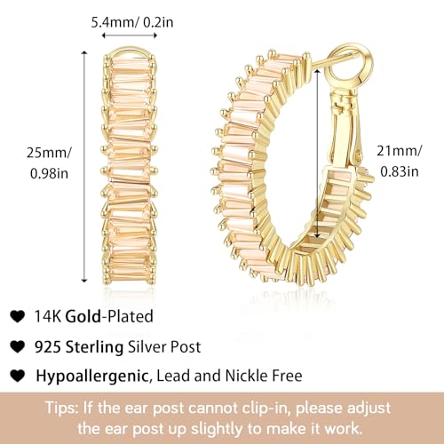 Trendy 14K Gold Plated Hoop Earrings for Women, Chunky Gold/Silver Earrings for Women Cubic Zirconia Baguette Hoop Earrings Heart Hoops Lightweight Hypoallergenic Jewelry,25mm/35mm/40mm/50mm - color: 01 Gold Champagne Hoops 25mm
