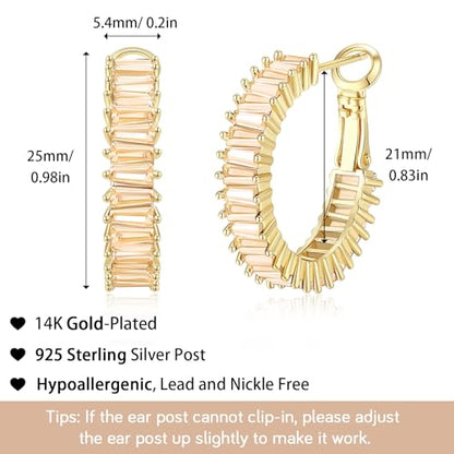 Trendy 14K Gold Plated Hoop Earrings for Women, Chunky Gold/Silver Earrings for Women Cubic Zirconia Baguette Hoop Earrings Heart Hoops Lightweight Hypoallergenic Jewelry,25mm/35mm/40mm/50mm - color: 01 Gold Champagne Hoops 25mm