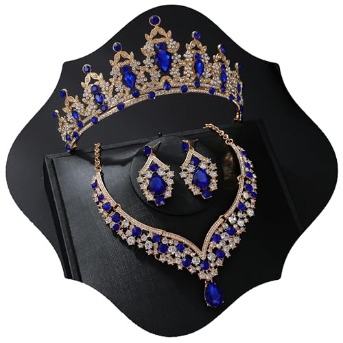 Tiaras and Crowns for Women,Tiaras Earrings Necklace, Crystal Bridal Jewelry Set - color: Blue
