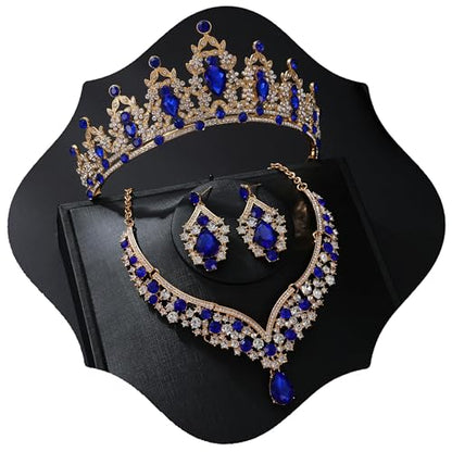 Tiaras and Crowns for Women,Tiaras Earrings Necklace, Crystal Bridal Jewelry Set - color: Blue